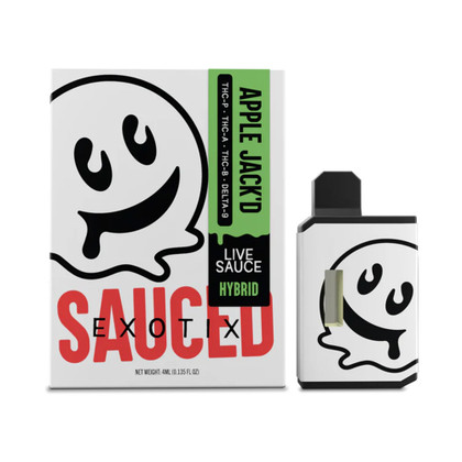 Half Bak'd Sauce'd Exotix Live Sauce Delta-9 + THC-P + THC-A + THC-B Disposable Device 4G - Display of 5 - Apple Jack'd (Hybrid)
