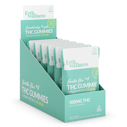 Erth Wellness Delta-9 THC + Strain-Specific Live Resin Gummies 300MG - 30ct Pouch - Display of 6 Pouches - Gorilla Glue #4 (Hybrid)