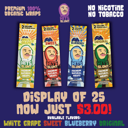 Hits Blunt Organic Premium Rolling Paper Wraps - Pack of 2 - Display of 25 Packs (MSRP $1.29 Each) - CLEARANCE
