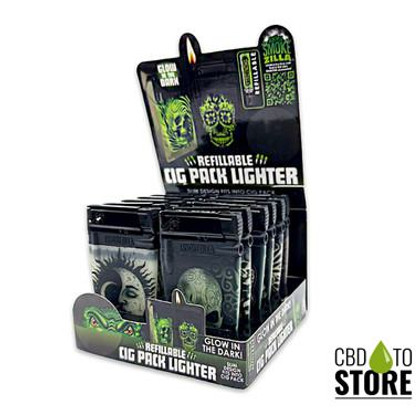Smokezilla Refillable Cigarette Pack Lighter Glow In The Dark - Assorted Design - Display of 12 [25284] (MSRP $5.00 Each)