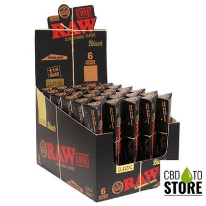 RAW Cone Classic Black Scoop Pack - Pre-Rolled 1 1/4 Size Cones - Pack of 6 - Display of 30 Packs (MSRP $3.00 Each)