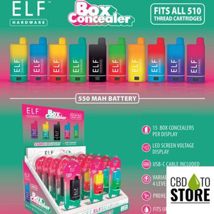 ELF Hardware Box Concealer 550mAh VV Preheat 510 Device Battery With USB-C Cable - Assorted Colors - Display of 15 (MSRP $20.00 Each)