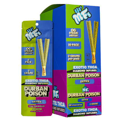 LIL' MFs Exotic THCA Diamond Infused Pre-Rolls 3G - 2ct Pack - Display of 10 Packs - Durban Poison - OG Edition (Sativa)