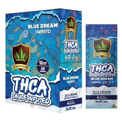Crownzen THCA Sauce Infused Prerolls With Kief 4G - 2ct Pack - Display of 12 Packs - Blue Dream (Hybrid)