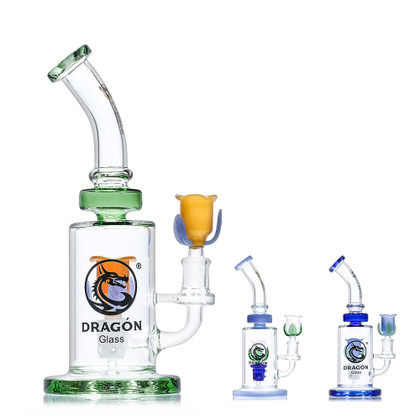 Dragon Glass Flower Theme Thick Base & Bent Neck Water Pipe - 580 Grams - 10 Inches - Assorted Colors [DGE-464]