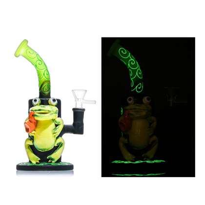 Shadow Glass Frog Theme Bent Neck Glow In The Dark Water Pipe - 400 Grams - 8 Inches - Assorted Colors [SGE-177]