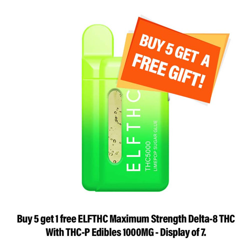 ELFTHC Noldor Blend D8 + THCP + THCB + THCV + THCH 380mAh Rechargeable Vape Disposable 5000MG THC - Display of 5 - Limepop Sugar Glue (Hybrid/Sativa)