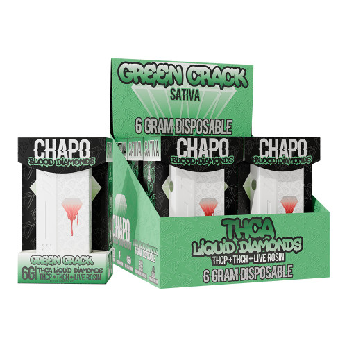 Chapo Blood Diamonds Delta THCA Liquid Diamonds + THCP + THCH + Live Rosin CDT Disposable Device 6G - Display of 6  - Green Crack (Sativa)