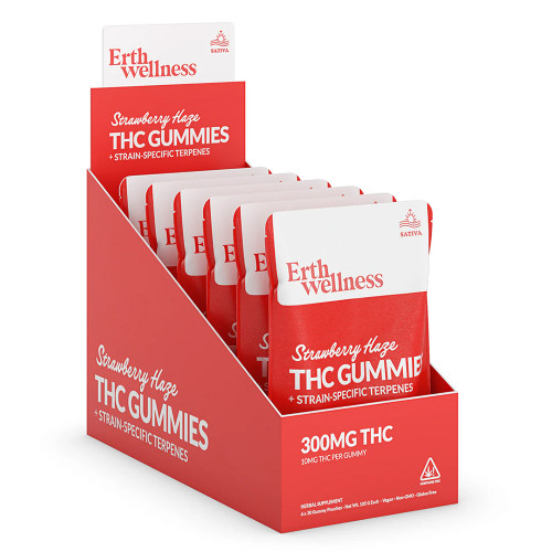 Erth Wellness Delta-9 THC + Strain-Specific Terpenes Gummies 300MG - 30ct Pouch - Display of 6 Pouches - Strawberry Haze (Sativa)