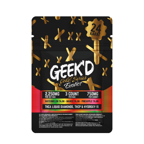Geek'd 24 Karat Gold Series Exotics Delta THCA Liquid Diamonds + THCP + Hydroxy-11 Gummies 2250MG - Assorted Pack - Pack of 3 - Display of 40 Packs