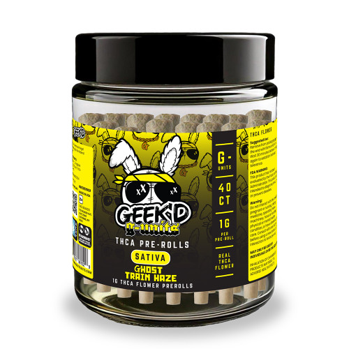 Geek'd G-Units THCA Flower Pre-Rolls 1G - 40ct Jar - Ghost Train Haze (Sativa) Geek'd G-Units THCA Flower Pre-Rolls 1G - 40ct Jar - Ghost Train Haze (Sativa)