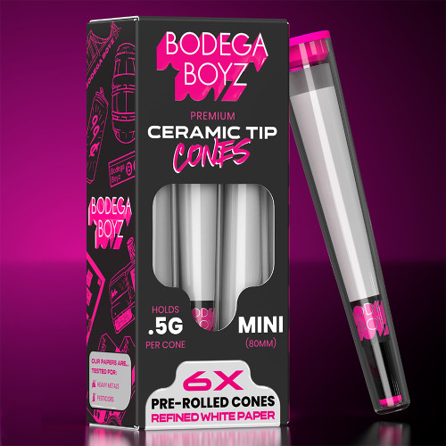 Bodega Boyz Mini Pre-Rolled Cones With Ceramic Tip - Pack of 6 - Display of 10 Packs - White (Refined Paper) Bodega Boyz Mini Pre-Rolled Cones With Ceramic Tip - Pack of 6 - Display of 10 Packs - White (Refined Paper)