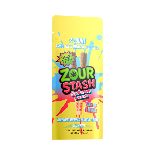 Zour Stash THC-A + Diamond Infused Pre-Rolls 2.5G - Pack of 2 - Display of 10 Packs - Blue Raspberry Lemonade (Hybrid)