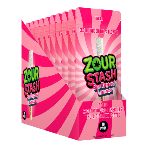 Zour Stash THC-A Diamond Coated Preroll 4G - 2ct Pack - Display of 10 Packs - Blue Raspberry Lemonade (Hybrid)