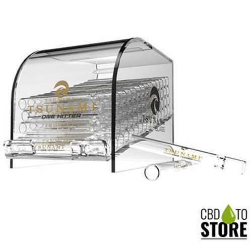 Tsunami Glass Clear One Hitter Chillum Hand Pipe - Acrylic Display of 100 (MSRP $1.00 Each) Tsunami Glass Clear One Hitter Chillum Hand Pipe - Acrylic Display of 100 (MSRP $1.00 Each)