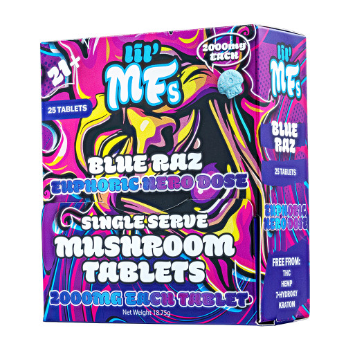 LIL' MFs Hero Dose Mushroom Extract Tablets 2000MG - 1ct Pack - Display of 25 Packs - Blue Raz
