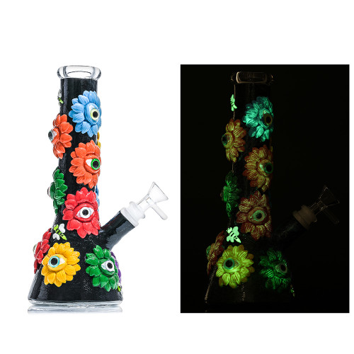 Dragon Glass Psychedelic Flower Glow In The Dark Water Pipe - 600 Grams - 10 Inches - Assorted Colors [DGE-476]