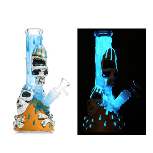 Dragon Glass Skull & Bones Volcanic Glow In The Dark Water Pipe - 580 Grams - 10 Inches - Assorted Colors [DGE-478]