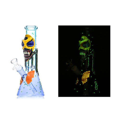 Shadow Glass Alien Monster Theme Beaker Base Glow In The Dark Water Pipe - 440 Grams - 10.5 Inches - Assorted Colors [SGE-205]