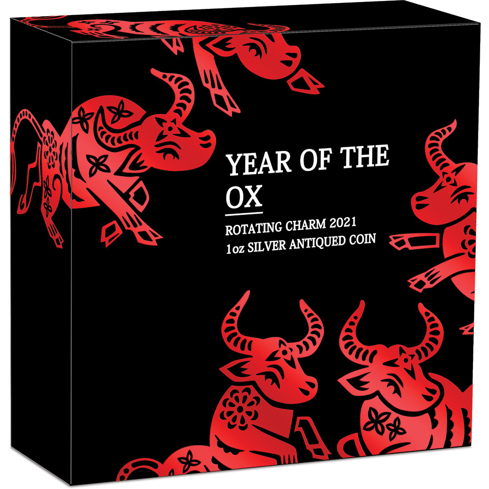 Year of the Ox Rotating Charm 2021 1oz Silver Antiqued Coin Presented