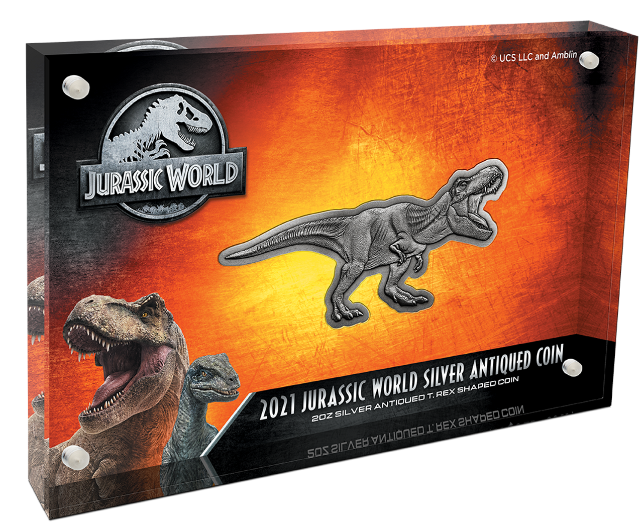2021 Jurassic Park 2oz Silver Antiqued T.Rex Shaped Coin