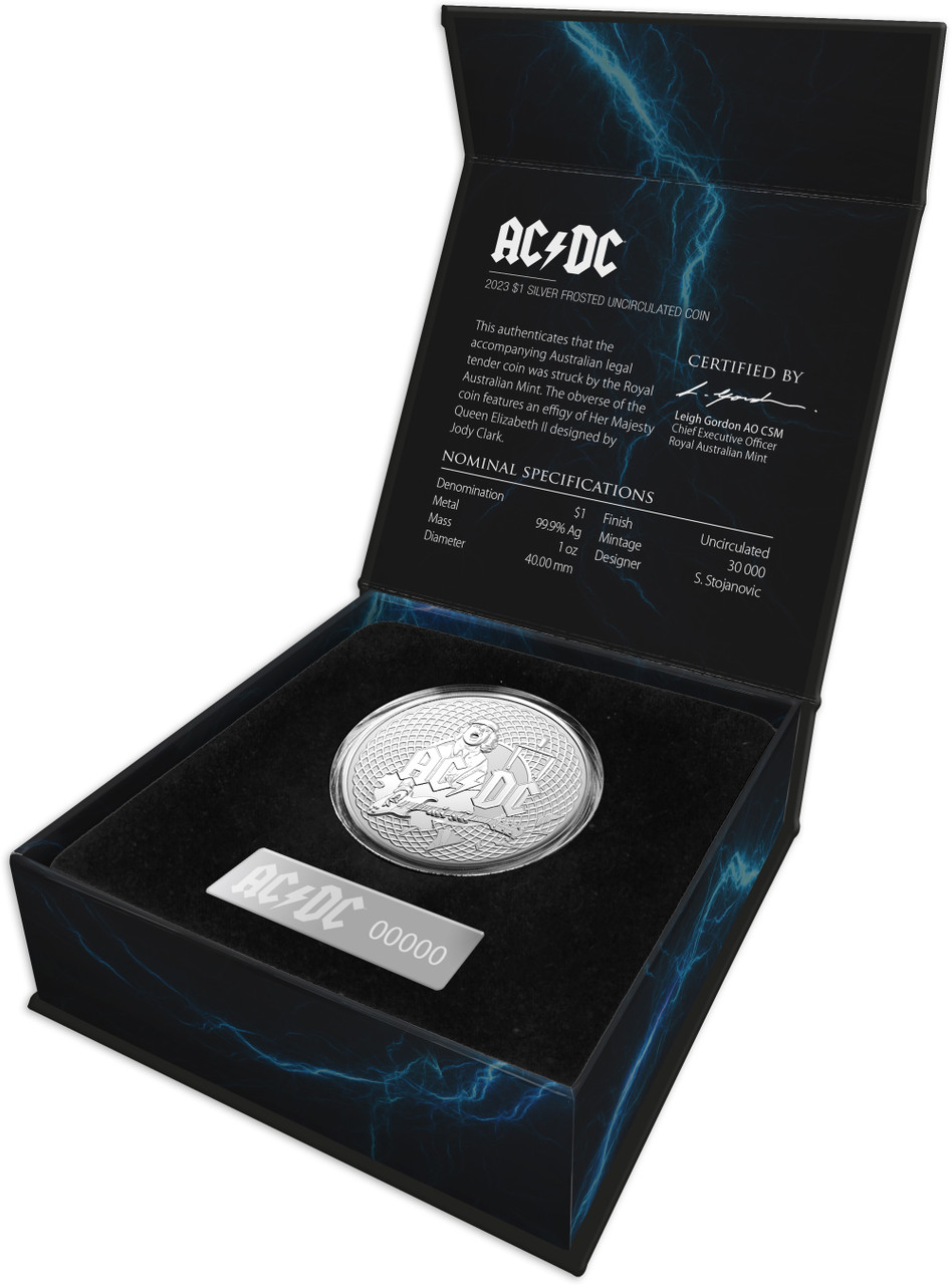 AC/DC 2023 $1 Silver Frosted Uncirculated Coin - Presented by The Coin ...