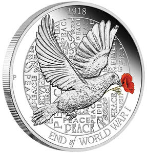 2018 1oz End of WWI 100th Anniversary Silver Proof Coin - Angle view - Obverse 2018 1oz End of WWI 100th Anniversary Silver Proof Coin - Angle view - Obverse