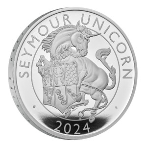The Royal Tudor Beasts The Seymour Unicorn 2024 UK 1oz Silver Proof Coin - reverse angle view The Royal Tudor Beasts The Seymour Unicorn 2024 UK 1oz Silver Proof Coin - reverse angle view