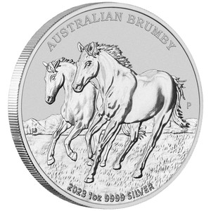Australian Brumby 2023 1oz Silver Bullion Coin - reverse angle view Australian Brumby 2023 1oz Silver Bullion Coin - reverse angle view