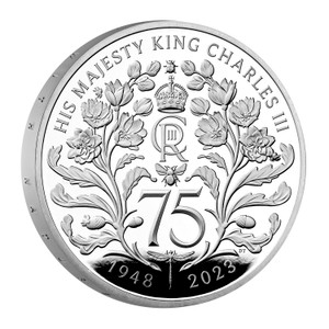 The 75th Birthday of His Majesty King Charles III 2023 UK £5 Silver Proof Coin - reverse angle view The 75th Birthday of His Majesty King Charles III 2023 UK £5 Silver Proof Coin - reverse angle view