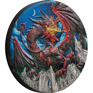 2023 Dragon 5oz Silver Antiqued Coloured Coin - reverse - angle view 2023 Dragon 5oz Silver Antiqued Coloured Coin - reverse - angle view
