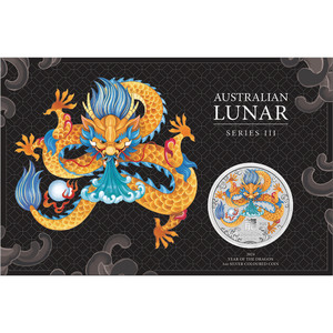 Australian Lunar Series III 2024 Year of the Dragon 1oz Silver Coloured Coin in Card Australian Lunar Series III 2024 Year of the Dragon 1oz Silver Coloured Coin in Card