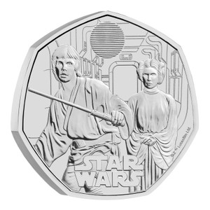Star Wars Luke Skywalker and Princess Leia 2023 UK 50p Brilliant Uncirculated Coin - reverse angle view Star Wars Luke Skywalker and Princess Leia 2023 UK 50p Brilliant Uncirculated Coin - reverse angle view