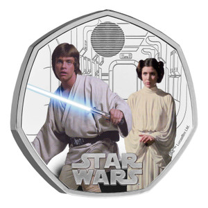 Star Wars Luke Skywalker and Princess Leia 2023 UK 50p Silver Proof Colour Coin - reverse - angle view Star Wars Luke Skywalker and Princess Leia 2023 UK 50p Silver Proof Colour Coin - reverse - angle view