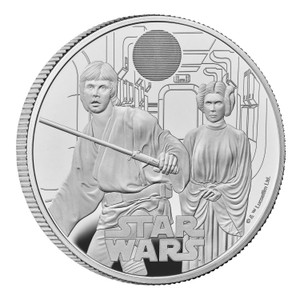 Star Wars Luke Skywalker and Princess Leia 2023 UK 1oz Silver Proof Coin - reverse - angle view Star Wars Luke Skywalker and Princess Leia 2023 UK 1oz Silver Proof Coin - reverse - angle view