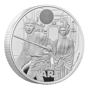 Star Wars Luke Skywalker and Princess Leia 2023 UK 2oz Silver Proof Coin - reverse - angle view Star Wars Luke Skywalker and Princess Leia 2023 UK 2oz Silver Proof Coin - reverse - angle view