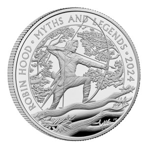 Myths and Legends Robin Hood 2024 UK 1oz Silver Proof Coin - reverse angle view Myths and Legends Robin Hood 2024 UK 1oz Silver Proof Coin - reverse angle view