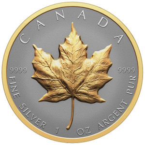 Canadian Maple Leaf 1 oz Silver 2023 Gilded Proof Ultra High Relief - reverse Canadian Maple Leaf 1 oz Silver 2023 Gilded Proof Ultra High Relief - reverse