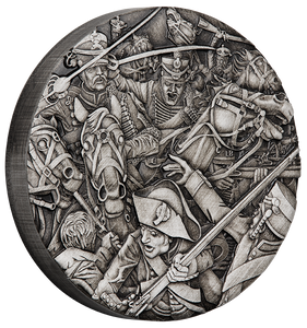 2018 Warfare - Hussars 2oz Silver Antiqued High Relief Rimless Coin - Reverse - Angle view 2018 Warfare - Hussars 2oz Silver Antiqued High Relief Rimless Coin - Reverse - Angle view