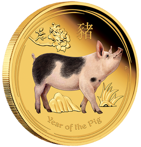 2019 Year of the Pig Australian Lunar 1oz Gold Proof Coloured Coin - Reverse - Angle View 2019 Year of the Pig Australian Lunar 1oz Gold Proof Coloured Coin - Reverse - Angle View