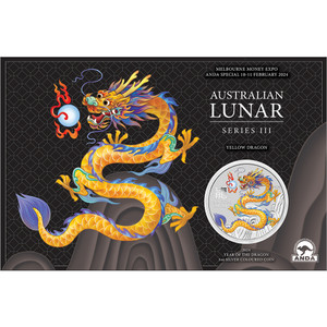 2024 ANDA Melbourne Year Of The Dragon - Yellow Dragon 1oz Silver Coloured Coin In Card - in presentation card 2024 ANDA Melbourne Year Of The Dragon - Yellow Dragon 1oz Silver Coloured Coin In Card - in presentation card