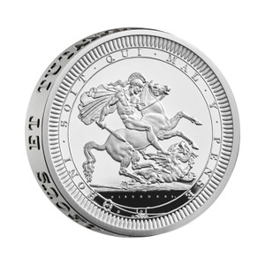 Great Engravers Benedetto Pistrucci St George and the Dragon 2024 UK 2oz Silver Proof Coin - reverse angle view Great Engravers Benedetto Pistrucci St George and the Dragon 2024 UK 2oz Silver Proof Coin - reverse angle view