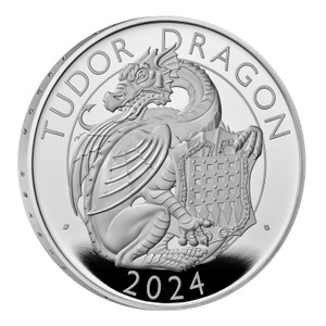The Royal Tudor Beasts The Tudor Dragon 2024 UK 1oz Silver Proof Coin - reverse - angle view The Royal Tudor Beasts The Tudor Dragon 2024 UK 1oz Silver Proof Coin - reverse - angle view