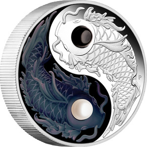 Yin Yang Koi 2024 5oz Silver Proof Coloured Coin with Pearls - reverse Yin Yang Koi 2024 5oz Silver Proof Coloured Coin with Pearls - reverse