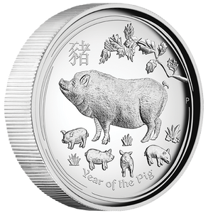 2019 Year of the Pig Australian Lunar 1oz Silver Proof High Relief Coin - Angle view - Reverse 2019 Year of the Pig Australian Lunar 1oz Silver Proof High Relief Coin - Angle view - Reverse