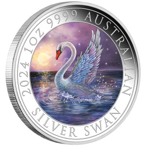 Australian Swan 2024 1oz Silver Coloured Coin - reverse angle view Australian Swan 2024 1oz Silver Coloured Coin - reverse angle view