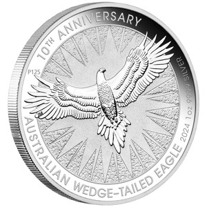 Australian Wedge-tailed Eagle 10th Anniversary 2024 1oz Silver Bullion Coin - reverse angle view Australian Wedge-tailed Eagle 10th Anniversary 2024 1oz Silver Bullion Coin - reverse angle view