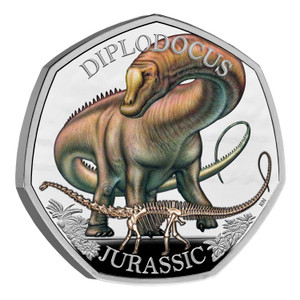 Diplodocus 2024 UK 50p Silver Proof Colour Coin - reverse - angle view Diplodocus 2024 UK 50p Silver Proof Colour Coin - reverse - angle view