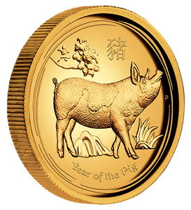 2019 Year of the Pig Australian Lunar 1oz Gold Proof High Relief Coin - Reverse - Angle view 2019 Year of the Pig Australian Lunar 1oz Gold Proof High Relief Coin - Reverse - Angle view