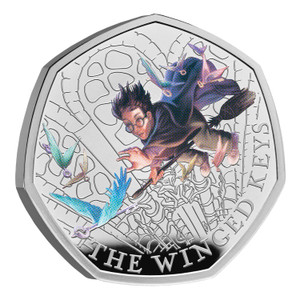 Harry Potter - Winged Keys 2024 UK 50p Coloured Silver Proof Colour Coin - reverse - angle view Harry Potter - Winged Keys 2024 UK 50p Coloured Silver Proof Colour Coin - reverse - angle view